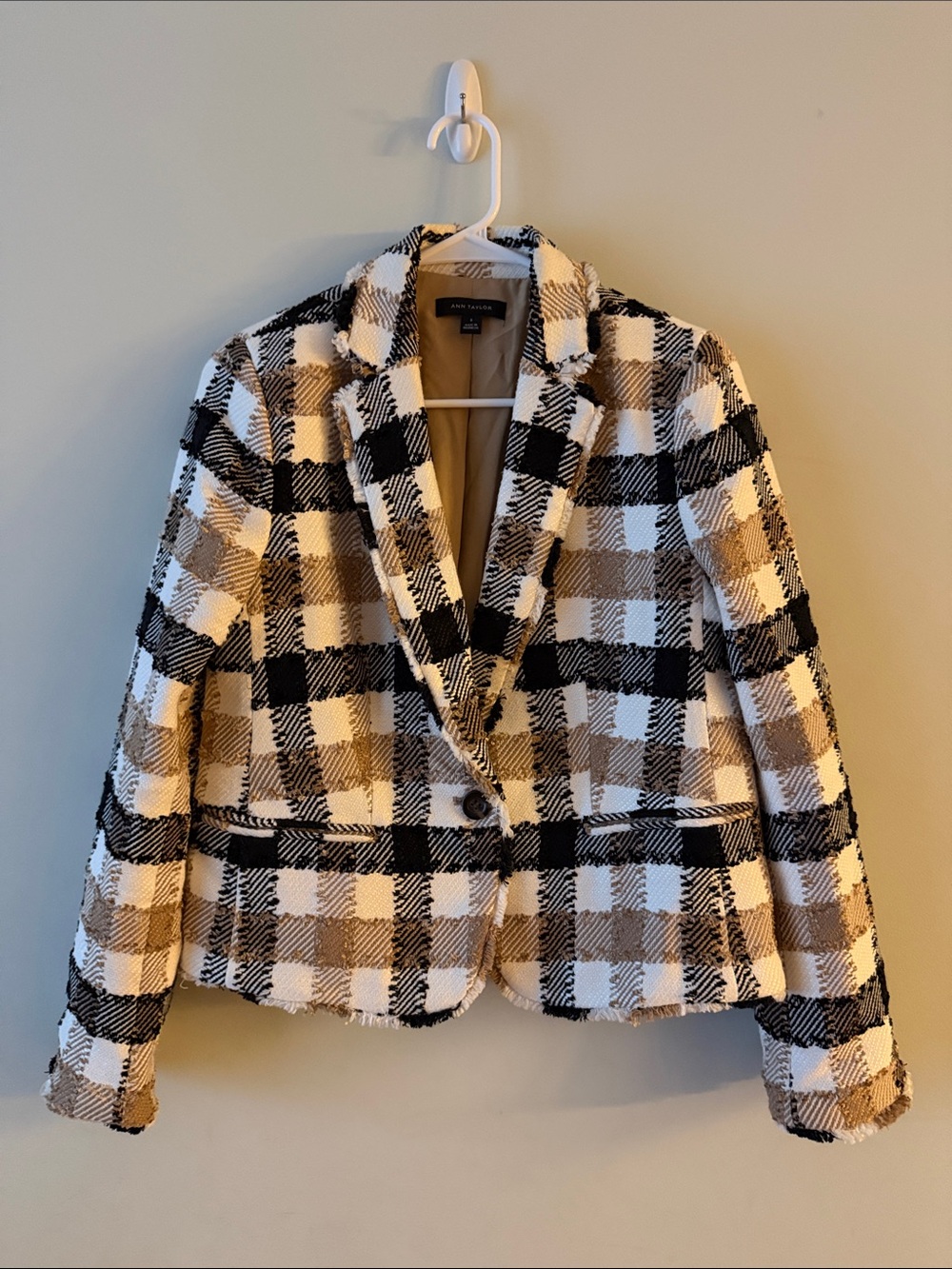 Ann Taylor Checked Bouclé Frayed Edge Blazer in Black, White & Tan